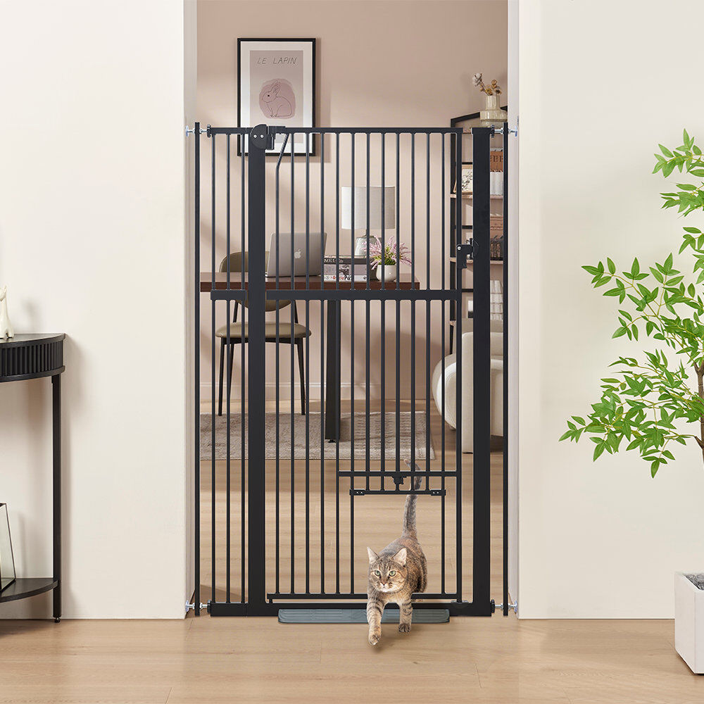 Blue Elephant 142cm Pressure-Fit Pet Gate with Cat Door, Fits 79-104cm Wide Openings Black 79-95cm W