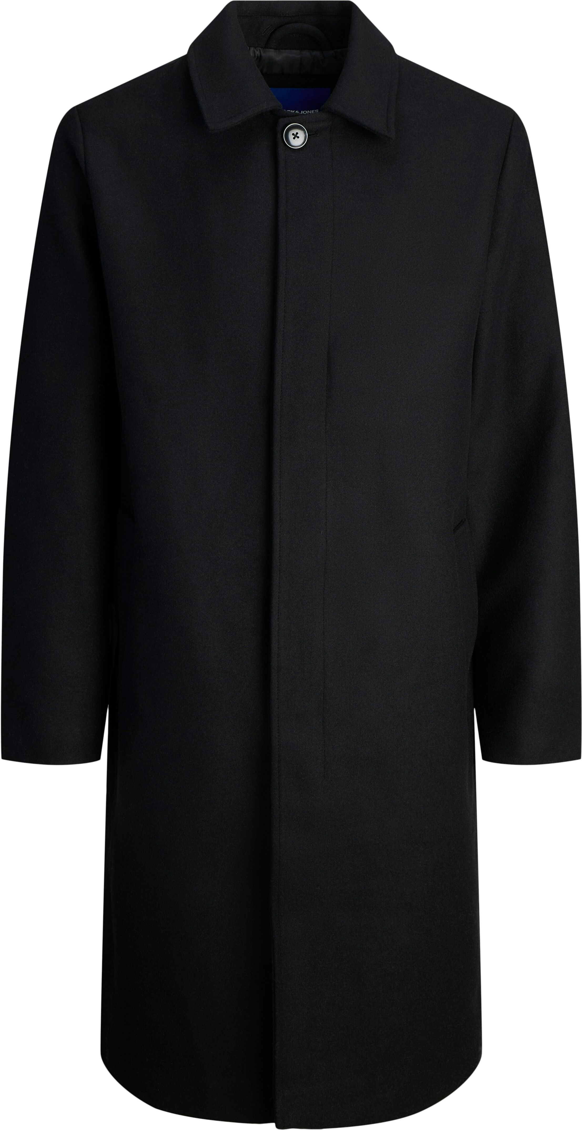 Langmantel JACK & JONES "JORNORREBRO WOOL BLEND MAC COAT", Herren, Gr. S, schwarz, Web, Obermaterial: 65% Polyester, 30% Wolle, 5% sonstige Fasern, unifarben, regular fit normal, Mäntel Langmantel schwarz S