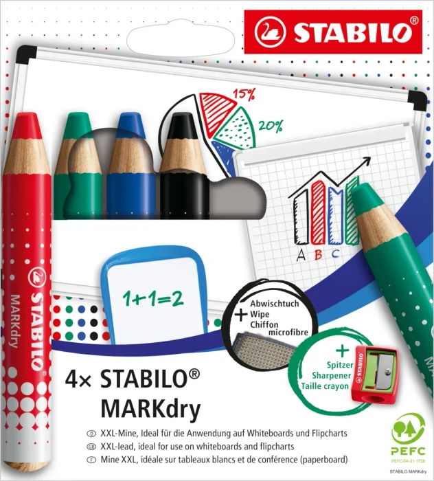 STABILO MARKdry Neon trocken, für Whiteboard und Flipchart, Neonfarben - 4er-Set mit Anspitzer und T