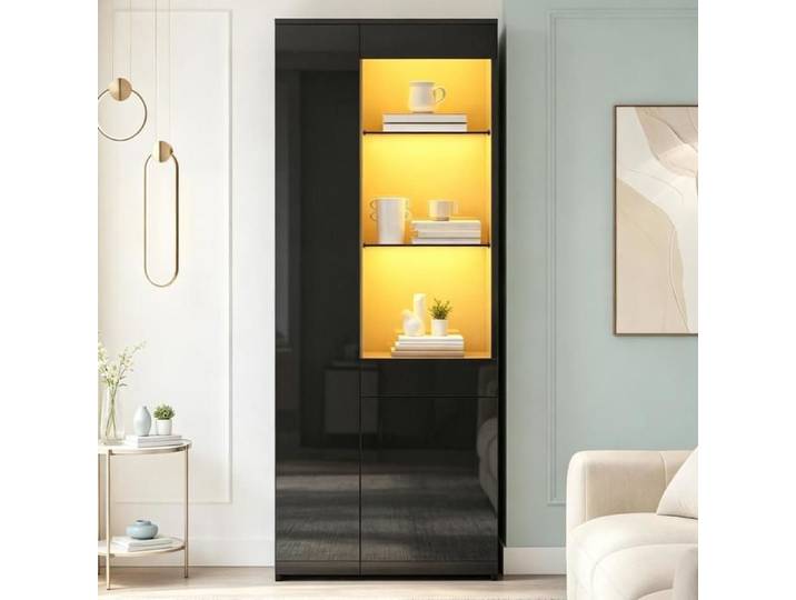 Vitrine avec éclairage LED Vitrine Haute Brillance Vitrine en Verre avec 2 Portes Tiroir Bibliothèque Meuble Moderne 70x35x180cm