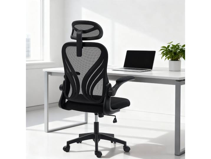 HOMCOM Chaise Bureau Maille Noir Dossier Rabattable Accoudoirs 2D