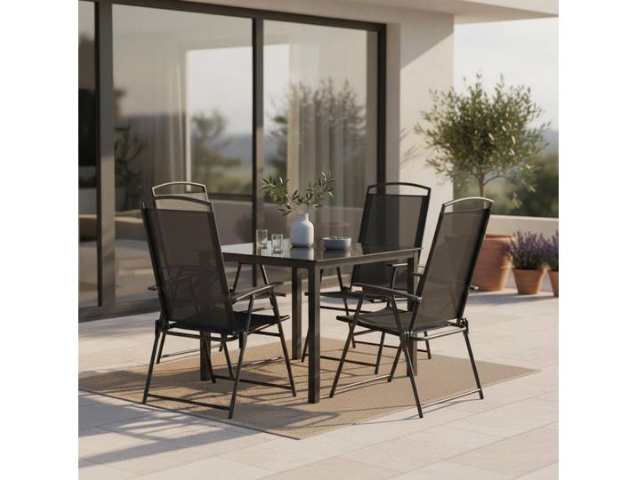 Gardenson Gartentischgruppe, Schwarz, Metall, Glas, Textil, quadratisch, A-Form, 80x76x80 cm, Stühle klappbar, Gartenmöbel, Gartentisch