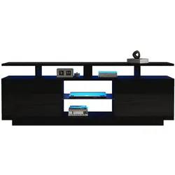 OKWISH TV Lowboard 140x35x55 cm Schwarz mit LED-Beleuchtung App-Steuerung, Hochglanz-Türen, Glasfach, 5 offene Fächer, USB-betrieben