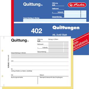 Herlitz Quittungsblock 402, fälschungssicher, MwSt. separat, selbstdurchschreibend mit 1 Durchschlag, A6 quer, 2 x 40 Blatt