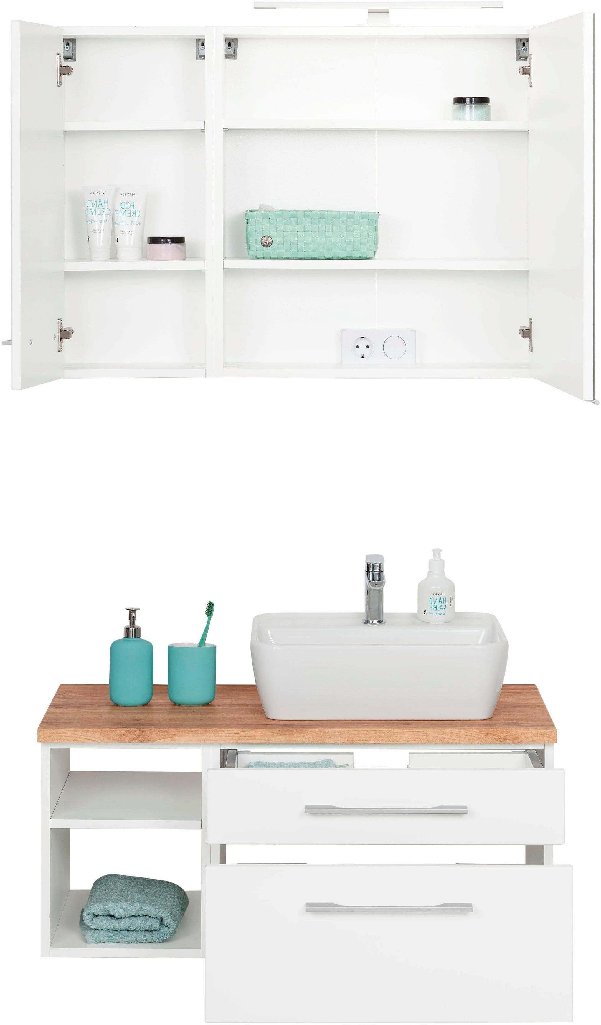 Badmöbel-Set WELLTIME "Davos", weiss (weiß), Becken rechts, Kastenmöbel-Sets, Badmöbel-Set, Spiegelschrank mit extra Regal weiß Becken rechts