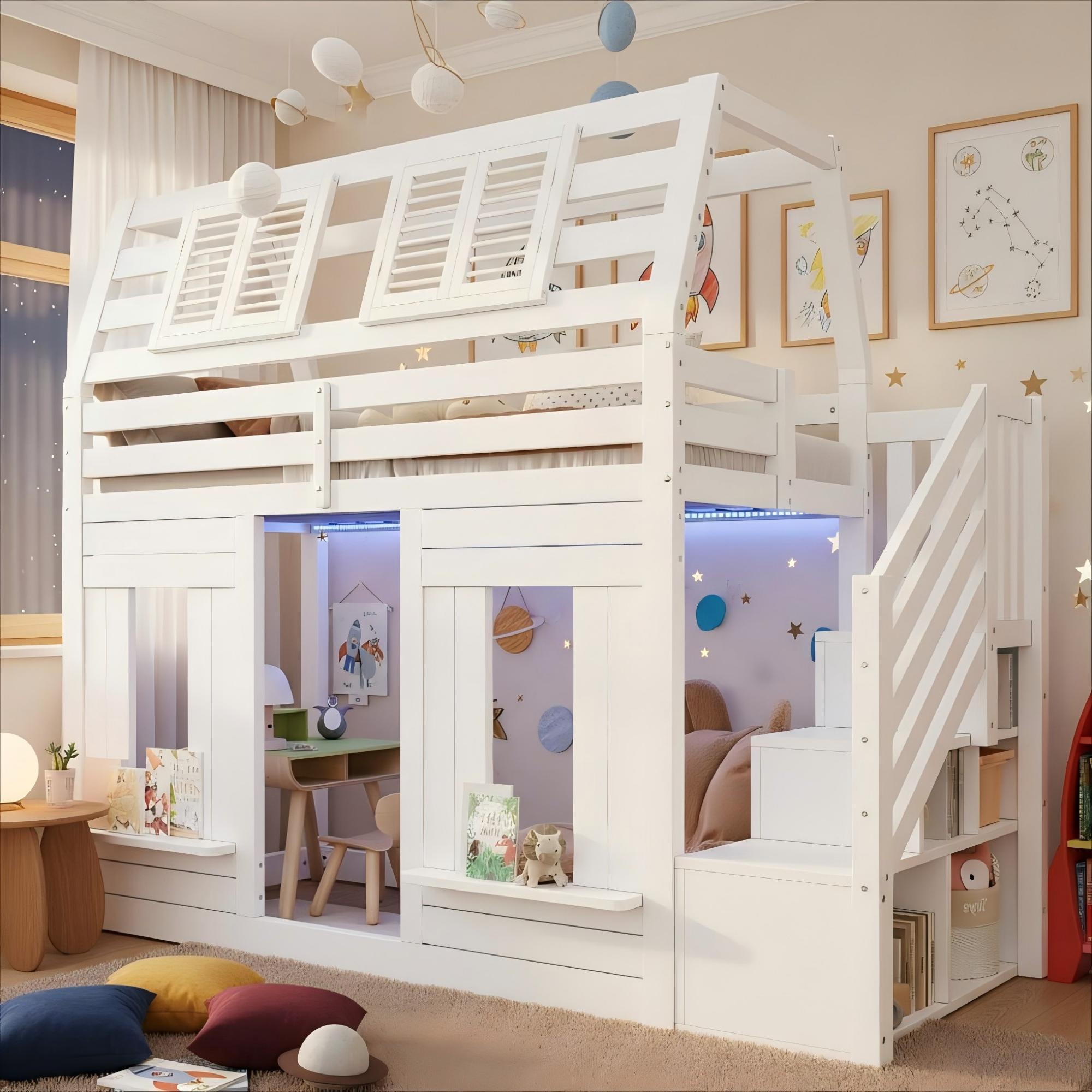 Flieks Etagenbett 90x200cm mit Led, Kinderbett Hausbett mit Fenster, Kinder Hochbett Einzelbett mit Stauraumtreppe, Weiß