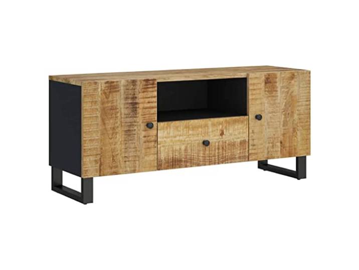 Kaorsrow TV-Schrank 105x33,5x46 cm Lowboard aus Massivholz Mango Vielseitiges Fernsehregal fürs Wohnzimmer mit Schublade, 2 Fächern und stabilen Eisenbeinen für Ordnung.