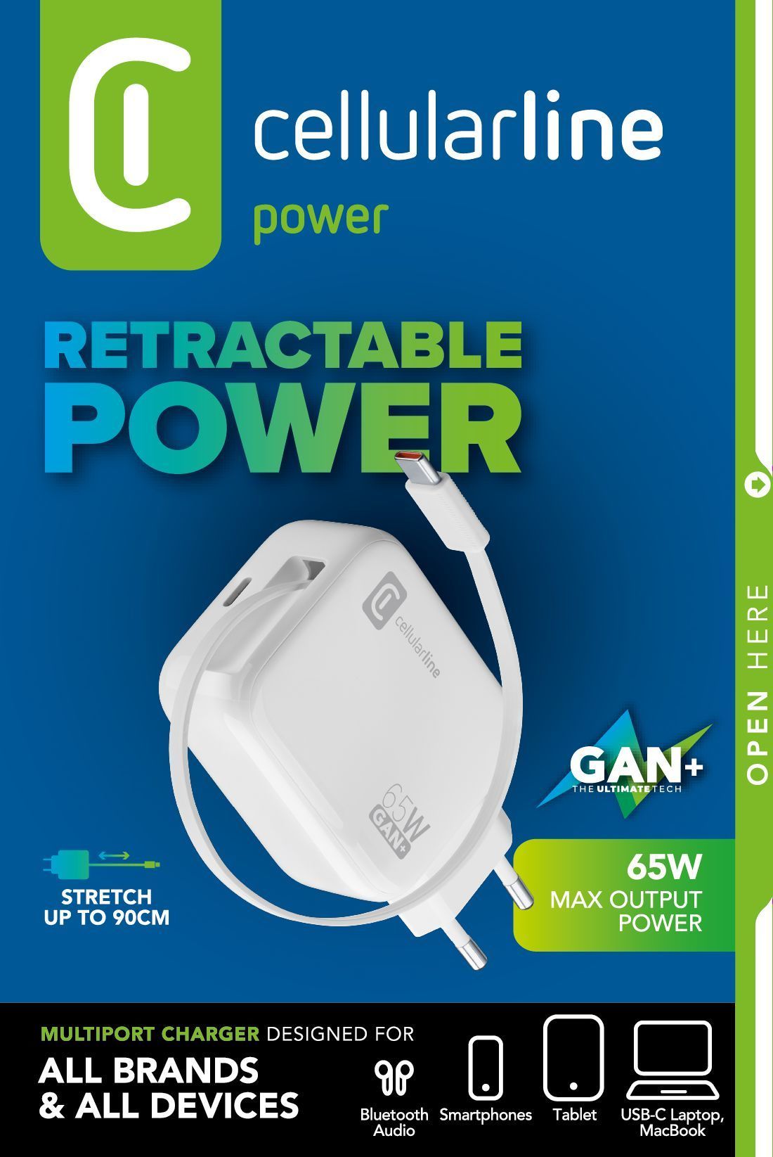 Cellular Line 65-W-GAN+-LADEGERÄT MIT AUSZIEHBAREM KABEL UND USB-C-ANSCHLUSS 61288