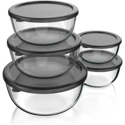 Arendo Salatschüssel 5er Schüssel Set, Glasschüsseln + Deckel 1L, 1,5L, 2L, 2,7L & 4,4L, Schüssel + Schale, Transparent