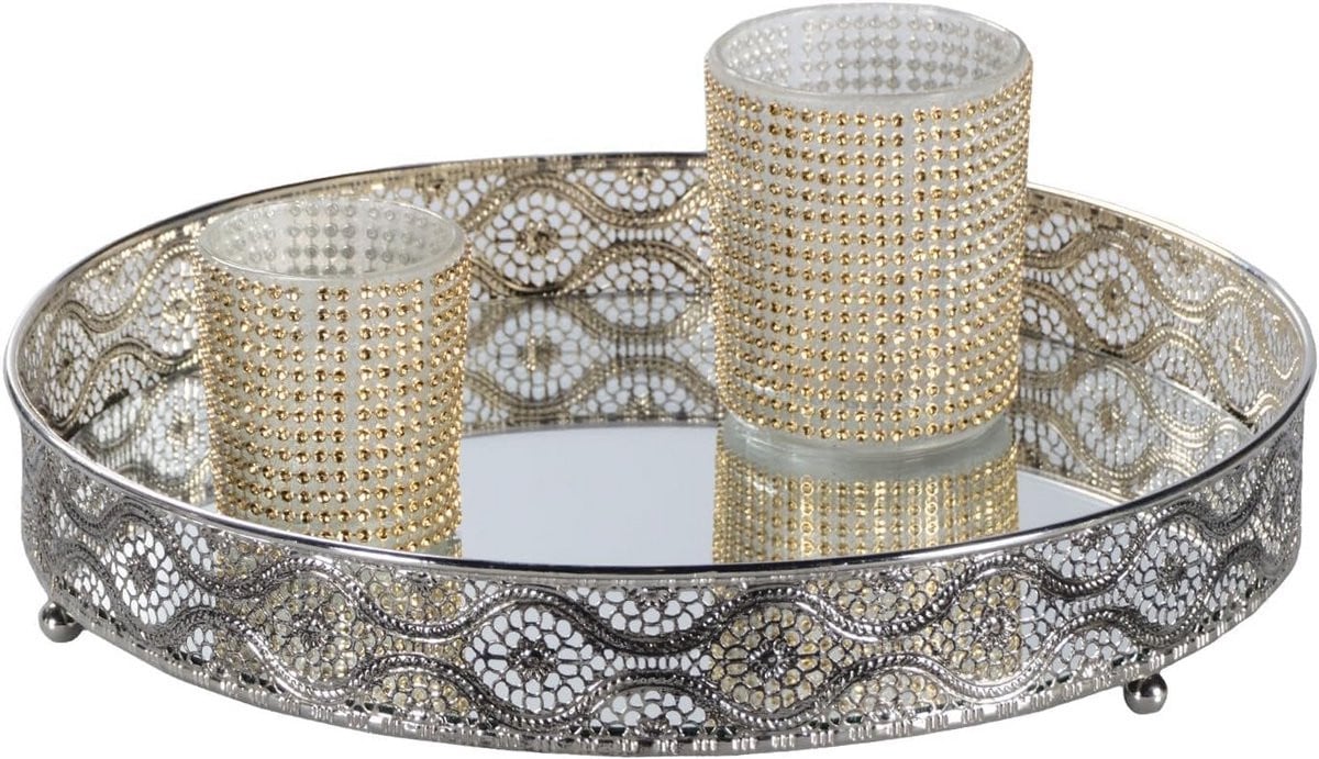 Decoratieve Spiegel Dienblad - Make-up Organizer & Kaarsen Schaal - Zilver Metaal - Ø26 cm