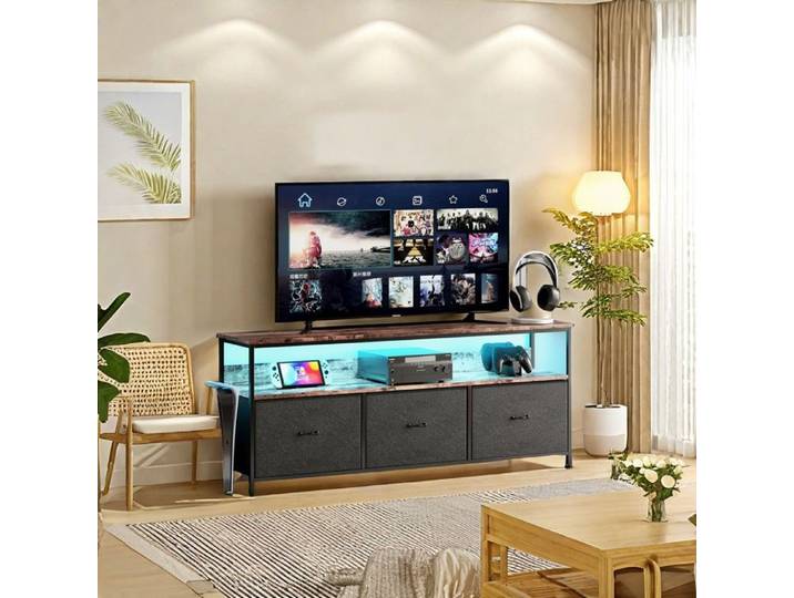 Meuble TV bas meuble TV LED commode en tissu avec 3 tiroirs meuble de divertissement bas 137x30x57cm