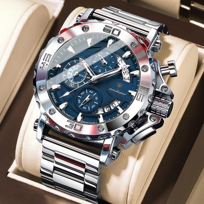 Quick Pick Pro POEDAGAR Executive Chronograph Quartz Watch For Men Waterproof Stainless Steel Business Timepiece silver Blue