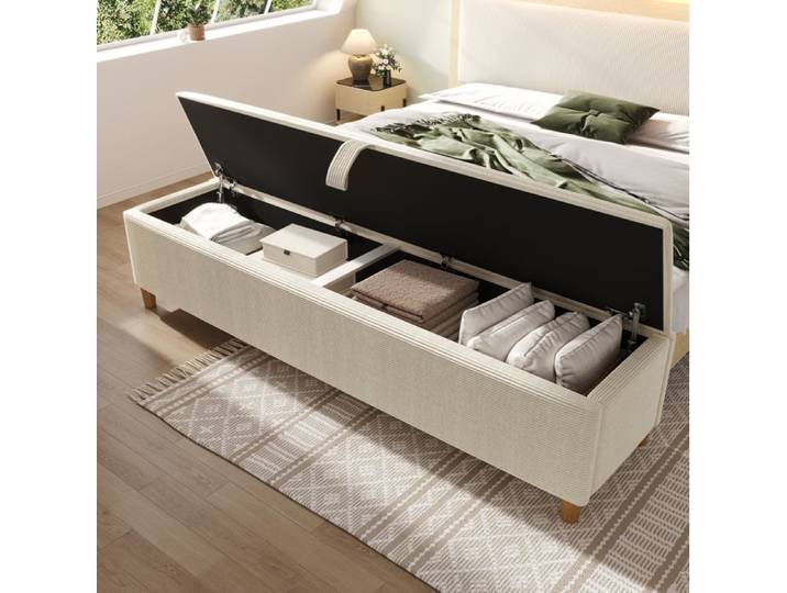 WOVREO Banc coffre 145 cm avec rangement hydraulique tissu effet velours côtelé beige
