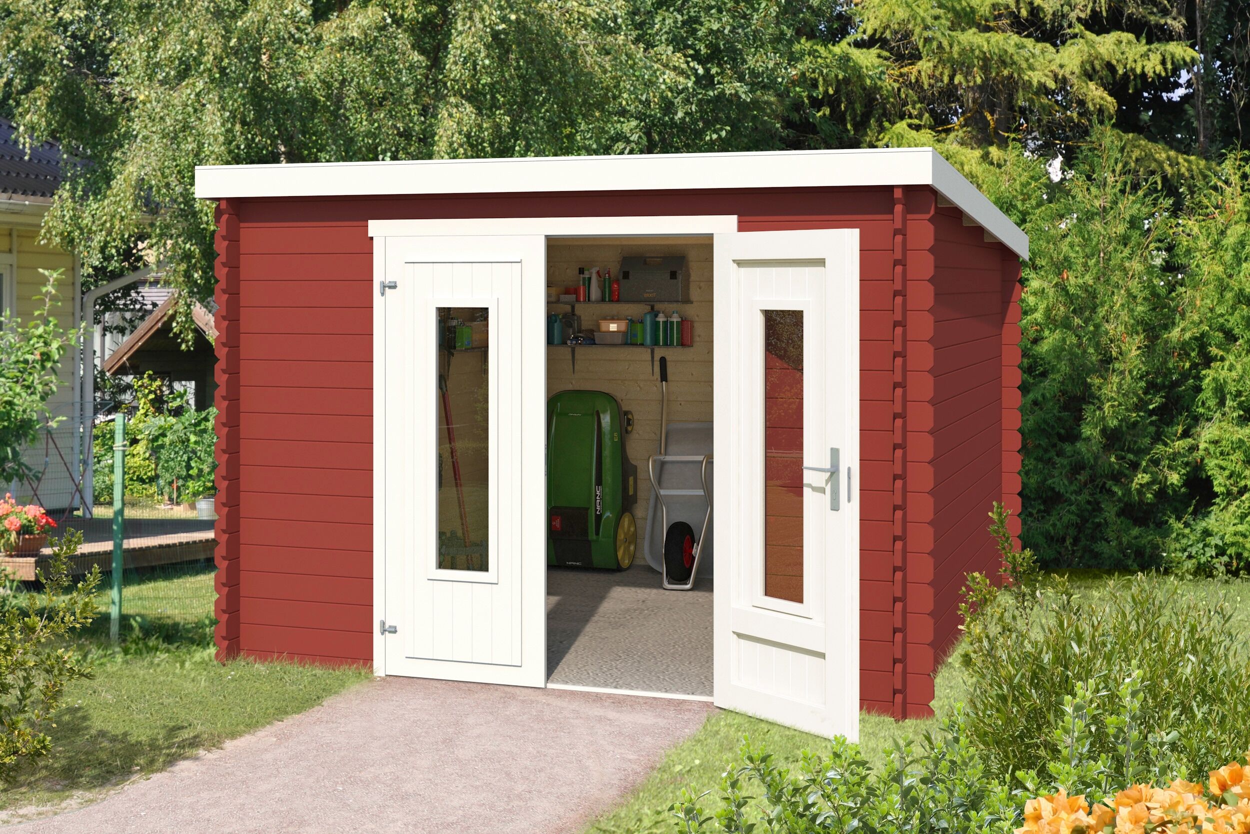 Gartenhaus LASITA MAJA "Sacramento", rot (schwedenrot), ohne Fußboden, ohne Dacheindeckung, Massivholz, Gartenhäuser, Gartenhaus, Blockbohlenhaus 28mm