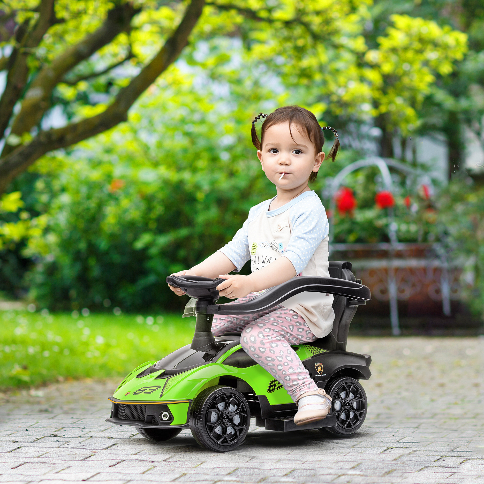 Aiyaplay Macchinina per Bambini Lamborghini Cavalcabile con Sedile Contenitore, Poggiapiedi, Maniglione di Spinta e Barriera di Sicurezza, Verde Aosom