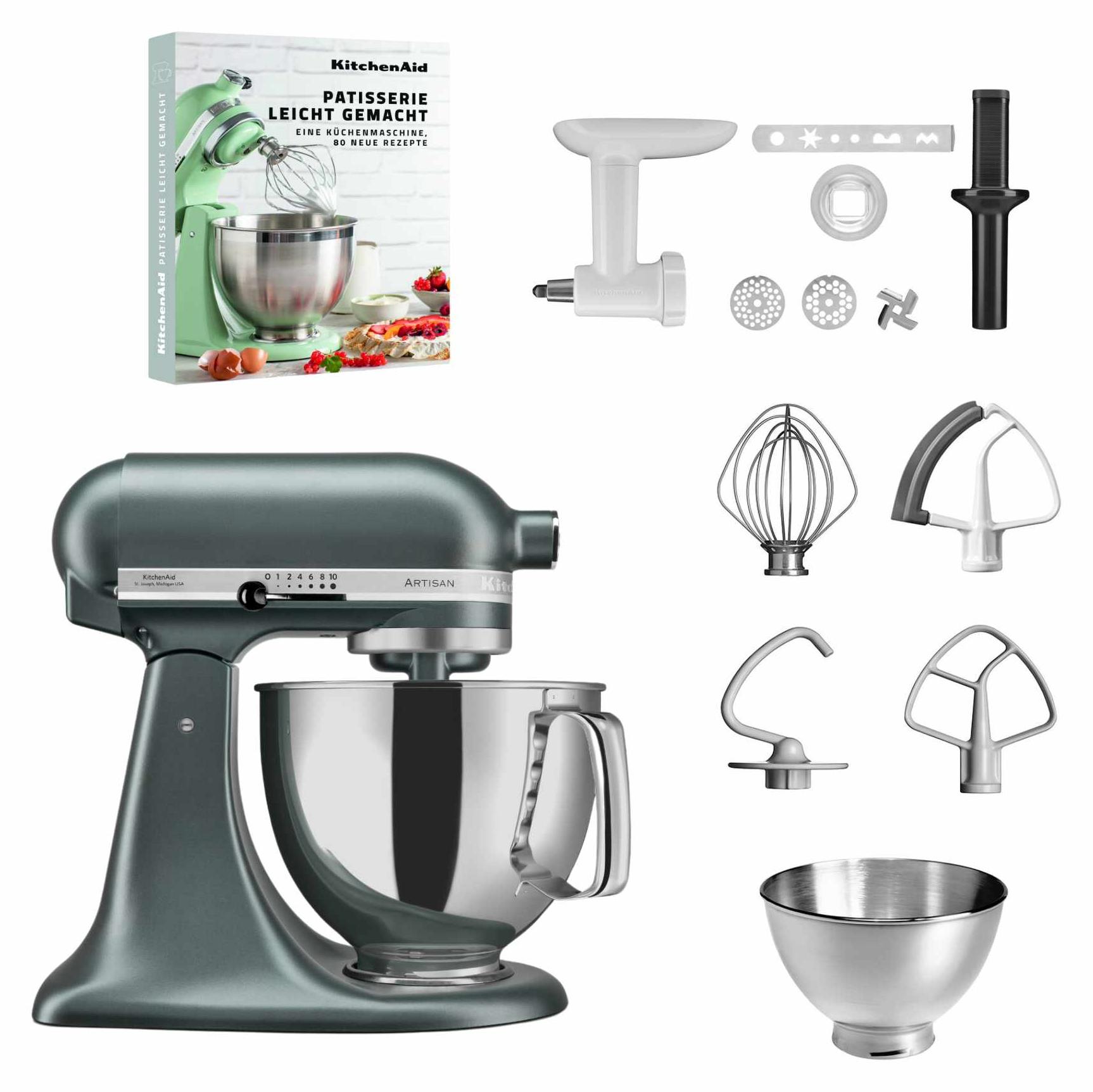 KitchenAid 4,8 L 5KSM175 Artisan Küchenmaschine Pastrylover mit Kunststofffleischwolf+Spritzgebäckvorsatz und Patisserie Buch Juniper