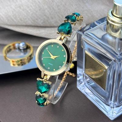 Uplift Essentials Triple Heart Diamond Encrusted Bracelet Watch Elegant Light Luxury Quartz Timepiece With Round Alloy Case green