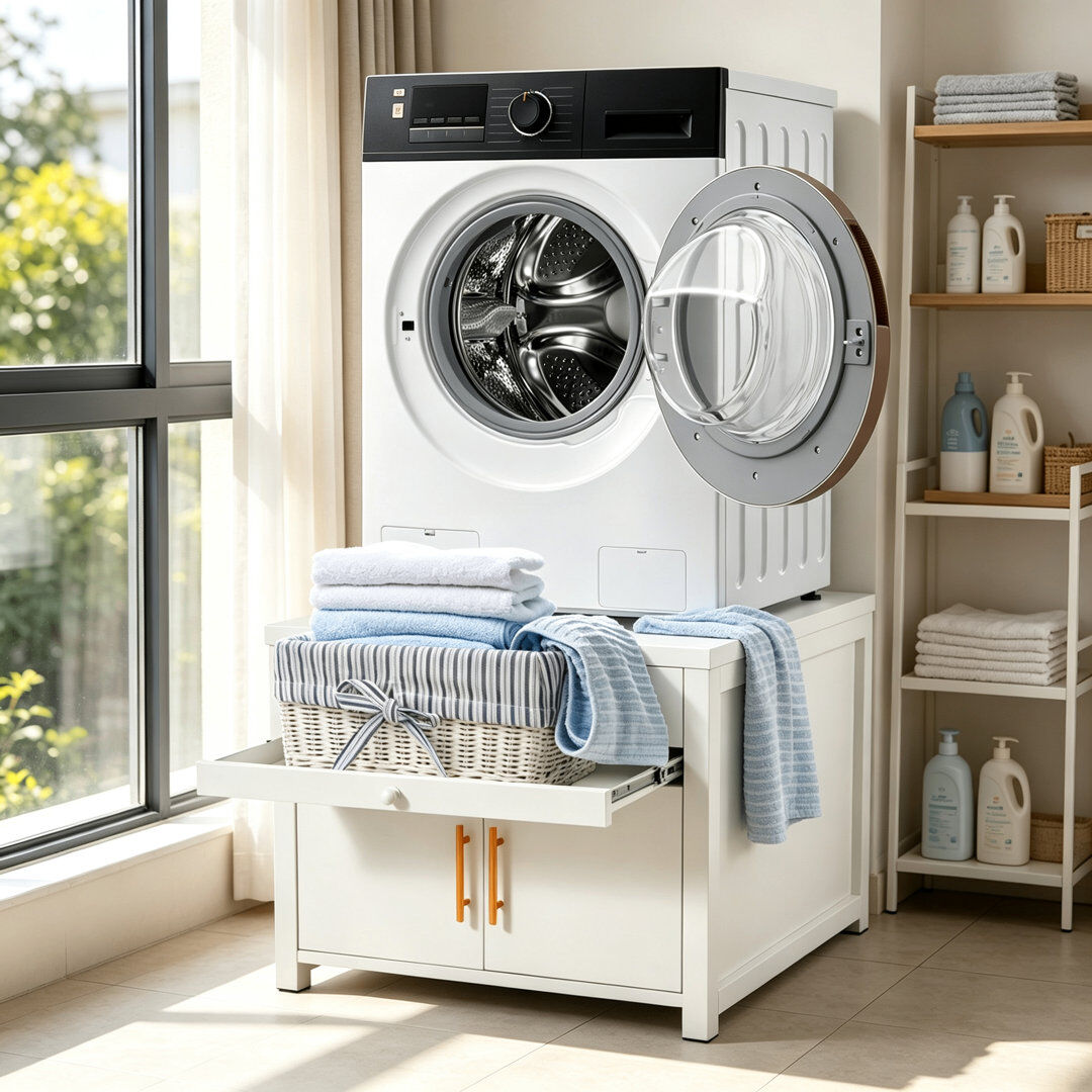 YODOLLA Laundry Pedestal Washing Machine Stand With Storage Drawer White 58.4cm H X 73.6cm W X 73.6cm D