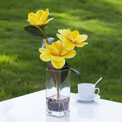 Enova Home Artificial Real Touch Magnolia Faux Flowers Arrangement in Rectangle Glass Vase with Faux Water and River Rock