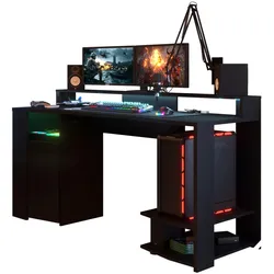 GAMINGTISCH schwarz, Schreibtisch mit Monitorpodest und LED Beleuchtung