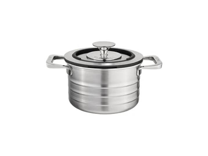 Sallys Edelstahl Kochtopf mit Multifunktionalem Glasdeckel, ergonomischer Kalt-Griff, für alle Herdarten geeignet (1,9 l)