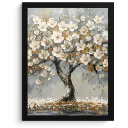 POSTER MIT RAHMEN Baum - Blumen - Weiß - Natur - Kunst Bilderrahmen 30x40 cm