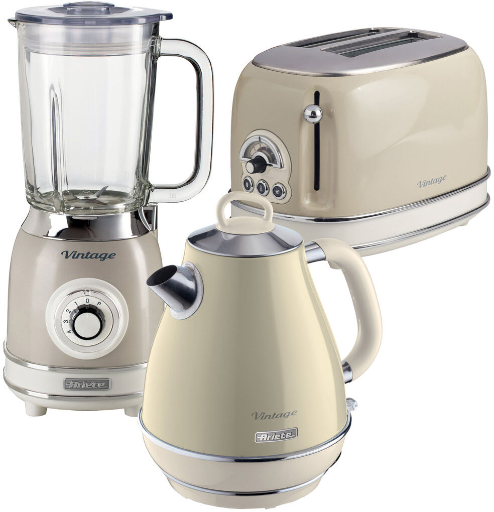 Ariete Vintage 1.7L Kettle With 2 Slice Toaster And 1.5L Glass Jug Blender Set Cream 1.7L