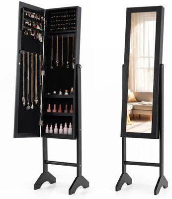 Costway Freestanding Jewelry Armoire with Velvet Lining and Full Length Mirror-Black