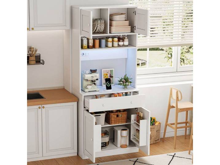 HOMVRA Armoire de cuisine haute 180 cm blanc MDF avec LED RGB prises USB tiroir et portes