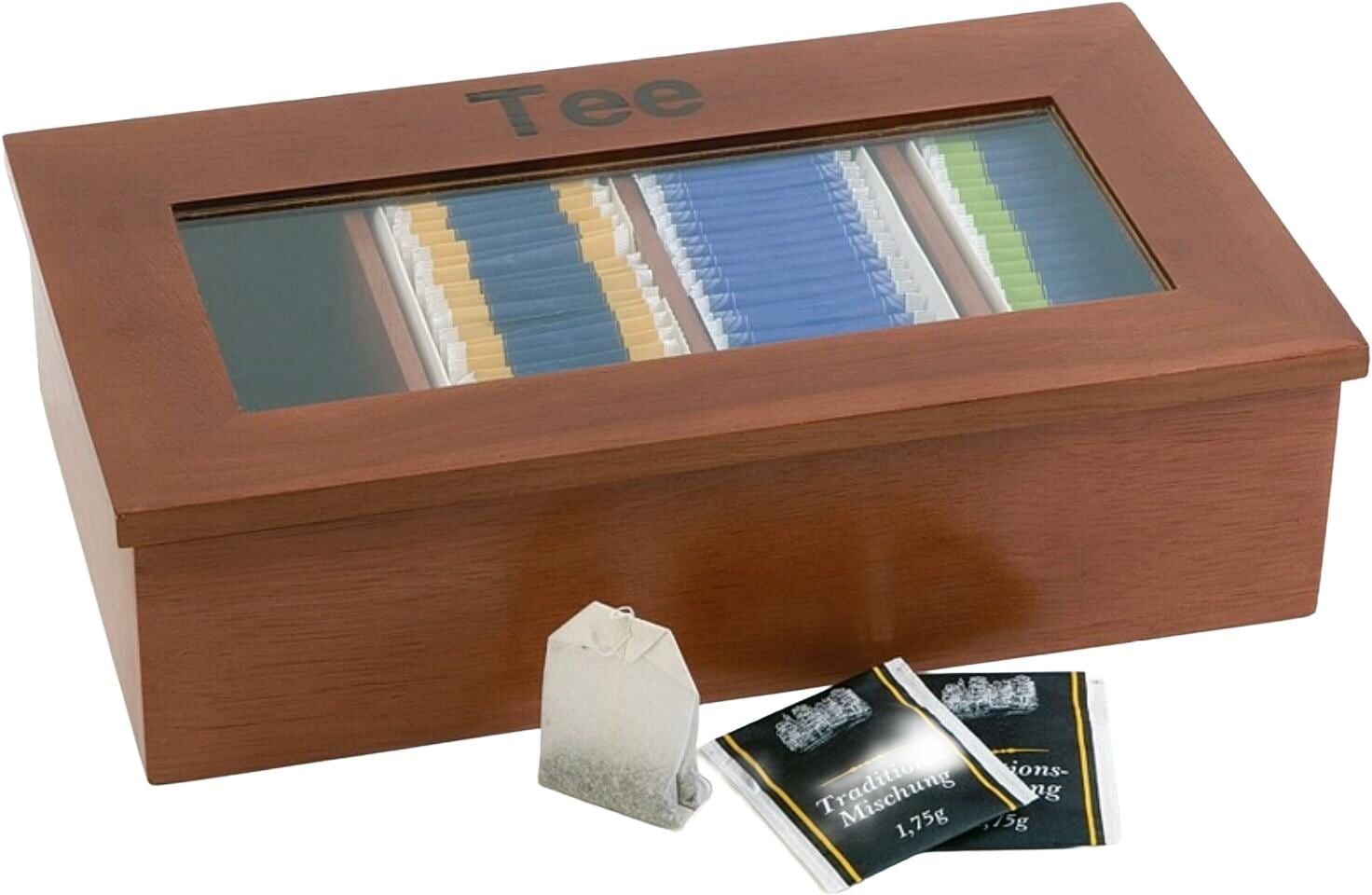 Teebox APS "mit 4 Kammern", braun (dunkelbraun), B:20cm H:9cm, Holz, Lebensmittelaufbewahrungsbehälter, Teebox dunkelbraun B/H/L: 20cm x 9cm