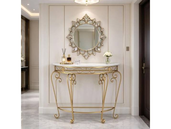 Moderner Halbmond Akzenttisch Flur Konsole Kleine Halbrunde Sofatisch Für Schlafzimmer Wohnzimmer Flur Eingang Schickes Metallgestell Möbel(Gold,90cm/35.4in)