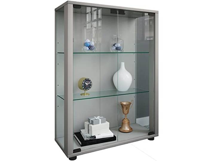 VCM Houten vitrinekast Glazen vitrinekast Staande vitrinekast Sintalo Houten vitrinekast Glazen vitrinekast Staande vitrinekast Sintalo zilver