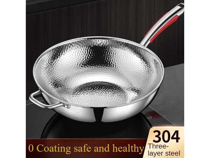 Poêle à frire en acier à trois couches 304, poêle à frire à motifs de marteau, poêle à fond rond, cuisinière à induction, cuisinière à gaz spéciale