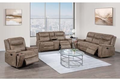 Esofastore Contemporary Style 3pc Manual Sofa Set Faux Leather Upholstered Auburn Finish