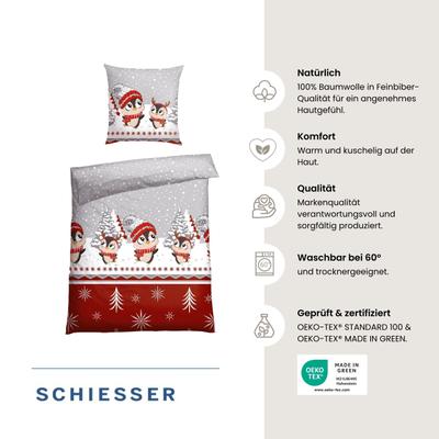Bettwäsche SCHIESSER "Antoni aus weicher Baumwolle mit coolem Winterprint", rot, B/L: 135cm x 200cm, 1 Stk., 1 Stk., Feinbiber, B/L: 80cm x 80cm, 2 Stk., Feinbiber, Obermaterial: 100% Baumwolle, Bettwäsche, Bettwäsche, OEKO-TEX MADE IN...