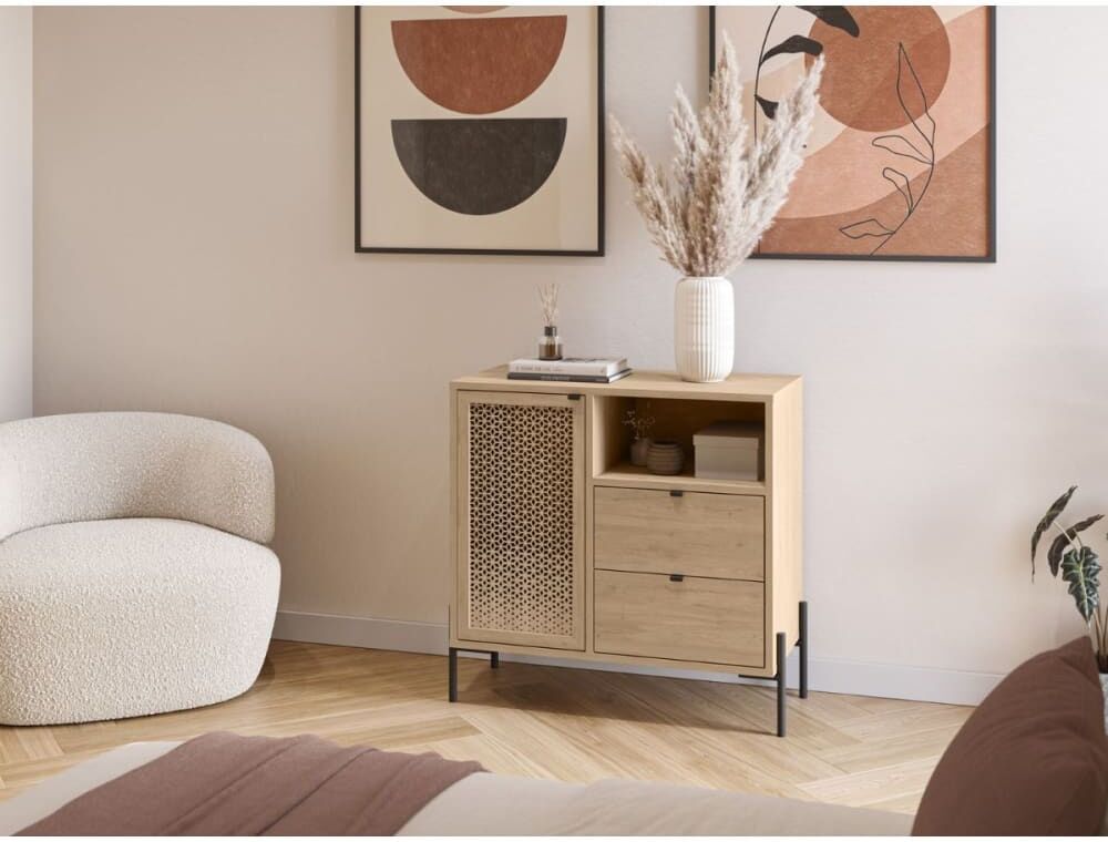 Calicosy Petit buffet 1 porte, 1 niche, 2 tiroirs décor chêne - l80 cm Beige 80x80x40cm