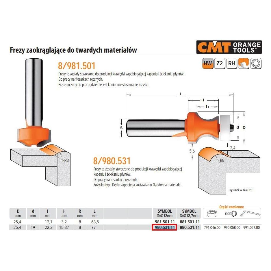 CMT 980.531.11 Corian-Profilfräser R8 + Lagerschaft 12 mm (35634268)