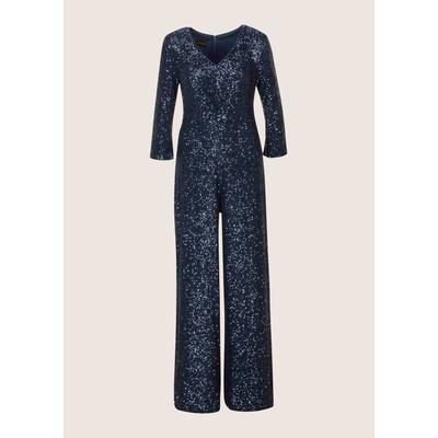 Overall MADELEINE "Jumpsuit Eleganter Pailletten-Einteiler", Damen, Gr. 38, N-Gr, blau (dunkelblau), Obermaterial: 100% Polyester PES., Modern, figurbetont, V-Ausschnitt, Overalls Overall, Funkelnde Pailletten