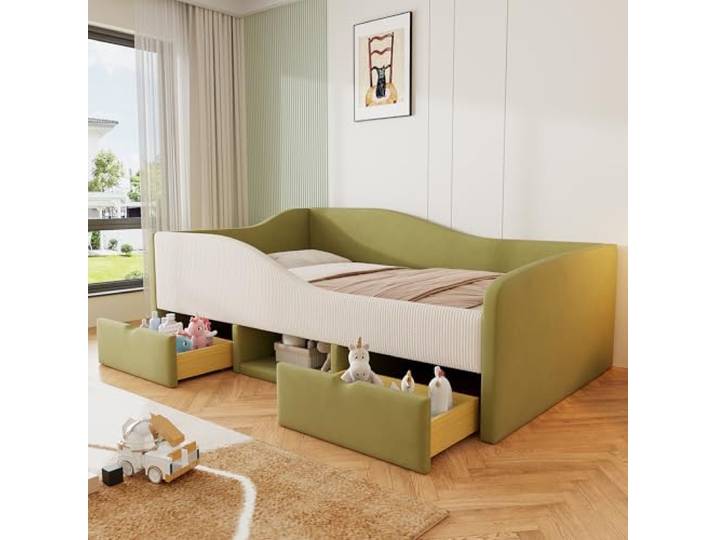 Bellemave Sofabett 90x190,Kinderbett mit 2 Schubladen,Dunkelgrün-Cremeweiß Weicher hautfreundlicher Samtbezug,Lattenrost,gepolsterter Schutzzaun,belastbar bis 200 kg,2-Paket-Lieferung,ohne Matratze