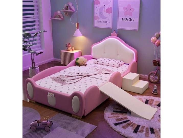 Lit Enfant - MERAX - Couronne Cartoon - 90x200cm - Bande LED Multimode - Toboggan et Escaliers