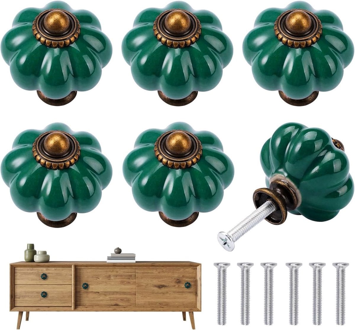 Dailygoods Kastknoppen Vintage - 6 stuks Keramische Meubelknoppen met Pompoenontwerp - Verchroomd Zinkmetaal