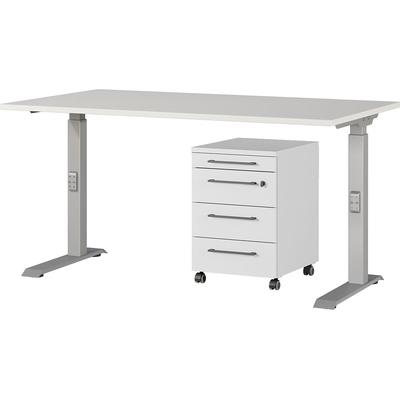 Büromöbel-Set GERMANIA "Agenda", silber (lichtgrau, silber), B:140cm T:80cm, Holzwerkstoff, Kunststoff, Metall, Arbeitsmöbel-Sets, Büromöbel-Set, Set bestehend aus höhenverstellbarem Schreibtisch und Rollcontainer