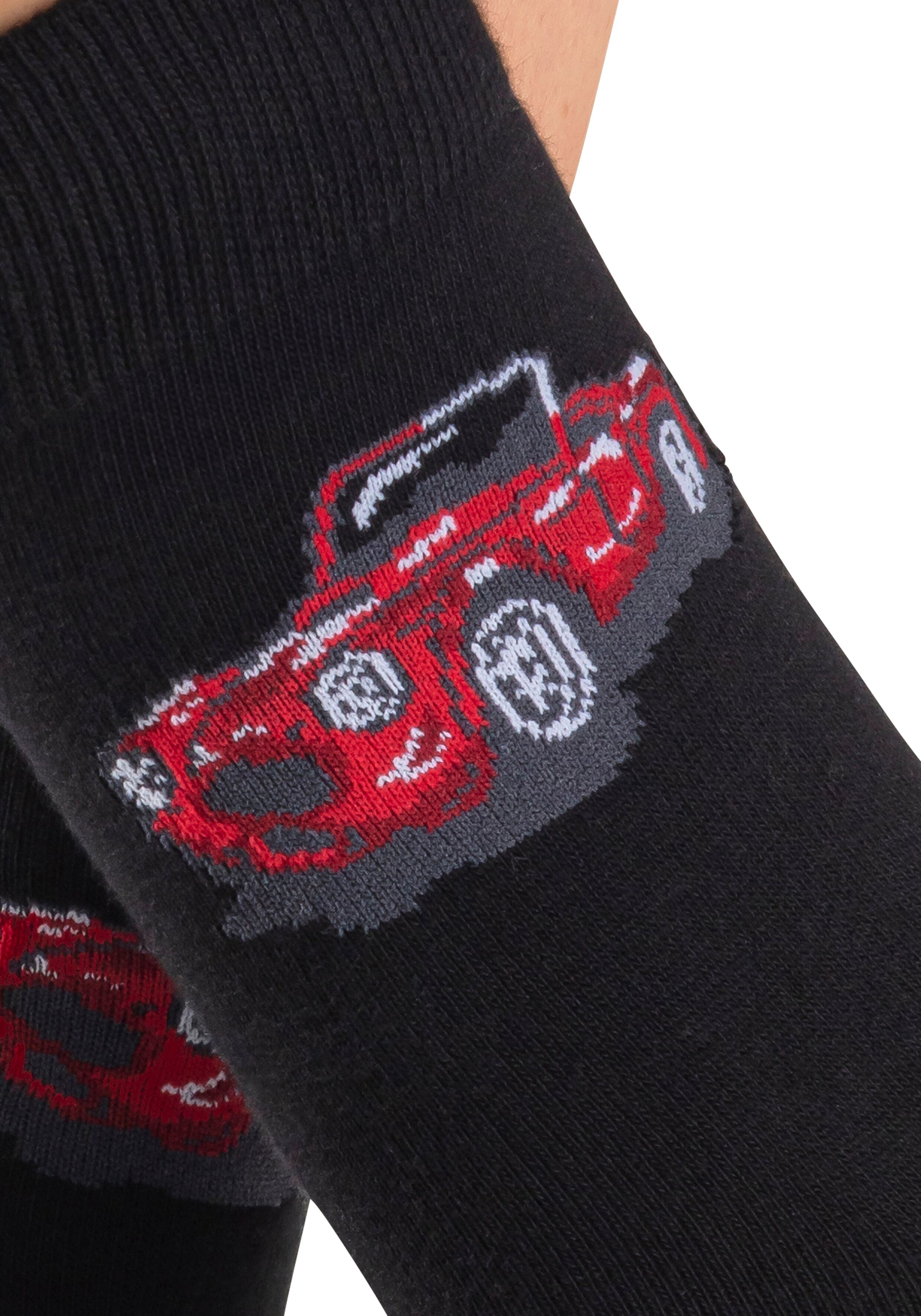 Freizeitsocken H.I.S "Damen und Herrensocken Motivsocken", Damen, Gr. 43-46, Sockengrösse, schwarz (5x schwarz), Baumwollmischung, unifarben, elastisch, Socken Freizeitsocken, mit eingestrickten Automobil Motiven 5x schwarz 43-46, Sockengrösse