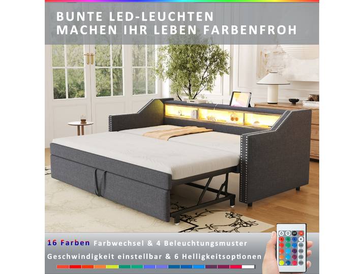 Canapé-lit Convertible En Tissu Lin Gris Foncé 90/180x190 Cm\, Lit Gigogne\, Rangement\, Led/usb\, Sommier À Lattes\, 2 Matelas