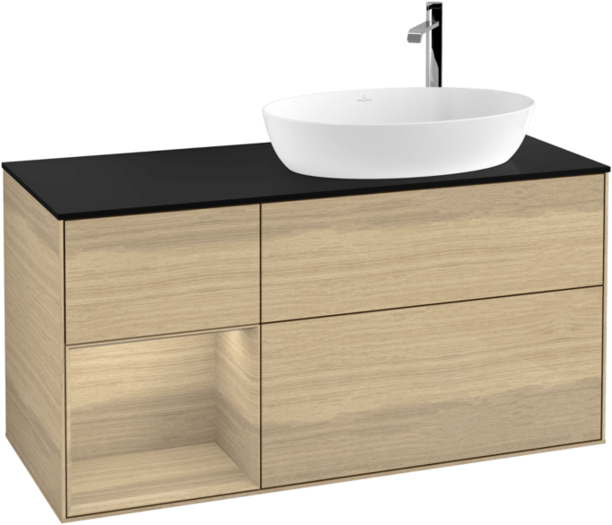 Villeroy und Boch Finion Waschtischunterschrank F922PCPC 120cm, Abdeckplatte black matt, Regale Oak Veneer, Oak Veneer