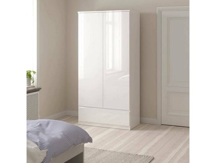 Dmora Suzanne Kleiderschrank mit 2 Türen, Schlafzimmermöbel, begehbarer Kleiderschrank, 99 x 50 x 201 cm, Weiß glänzend