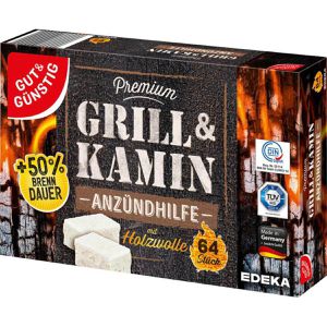 Gut&Günstig Grillanzünder Premium, extra brennstark, Paraffin & Holzwolle, extra lange Brenndauer, 64 Stück