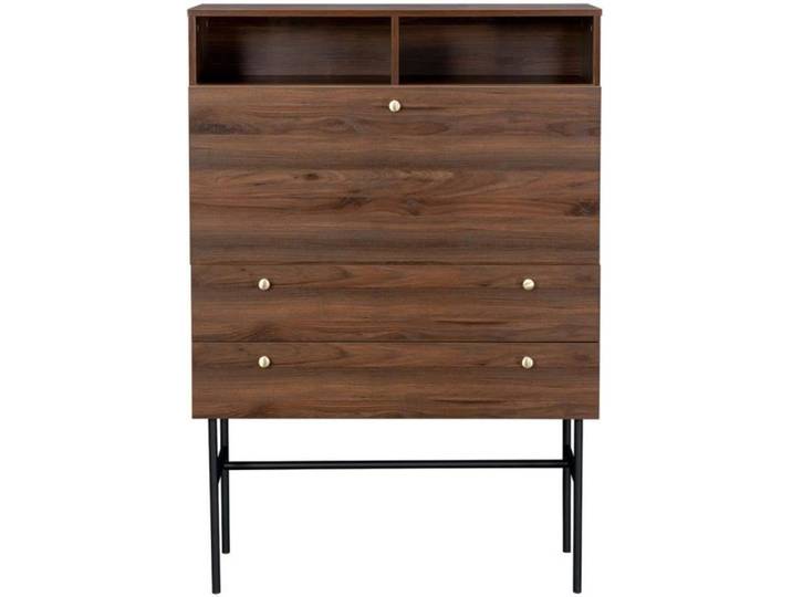 Bureau secrétaire 1 porte battante 2 tiroirs - LODGE - Décor noyer et pieds métal