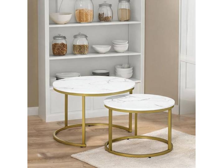 Blanc Panneaux De Particules Table combining 29.1 in and basse gigogne ronde blanche effet marbre et acier