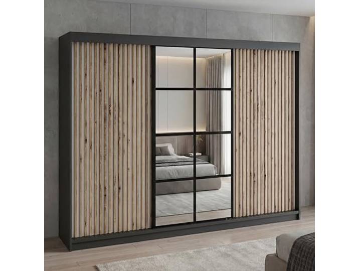 A&J MöbelLand Schwebetürenschrank NORIVO Kleiderschrank 200 cm mit Spiegel & Holzlamellen